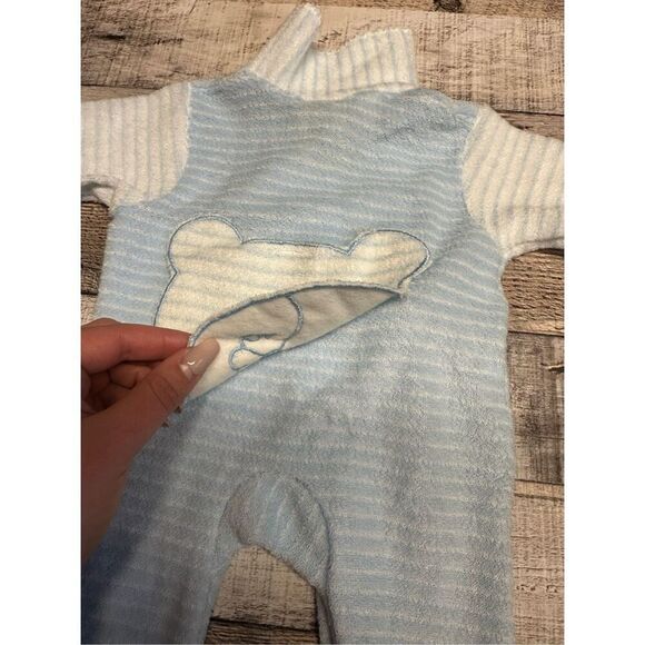 Vintage Carter’s Newborn Baby Boy Striped Blue Teddy Bear One Piece Outfit - Picture 5 of 7